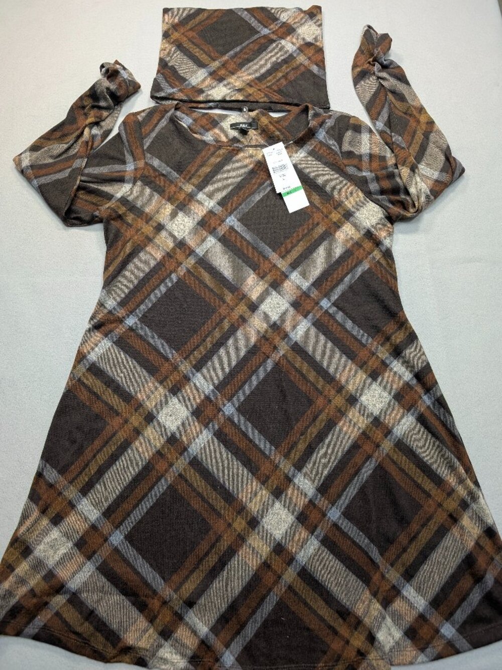 R&K Brown Taupe Plaid Cowl Neck Sweater Dress Large NWT